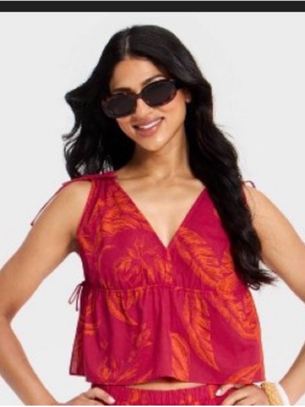 Bundle 3/$15 A new day Bright Pink Orange Tropical Tie-Shoulder V-Neck L